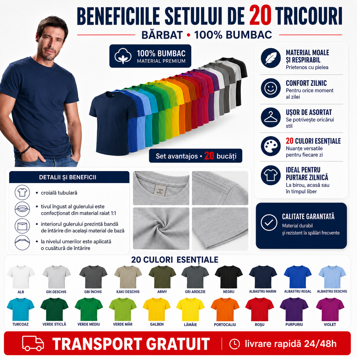 Beneficii set 20 tricouri bărbați din bumbac 100% multicolor